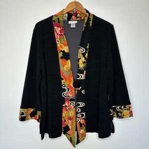 Soft Surroundings Jacket Size L Black Floral Single Button Asian Inspired
